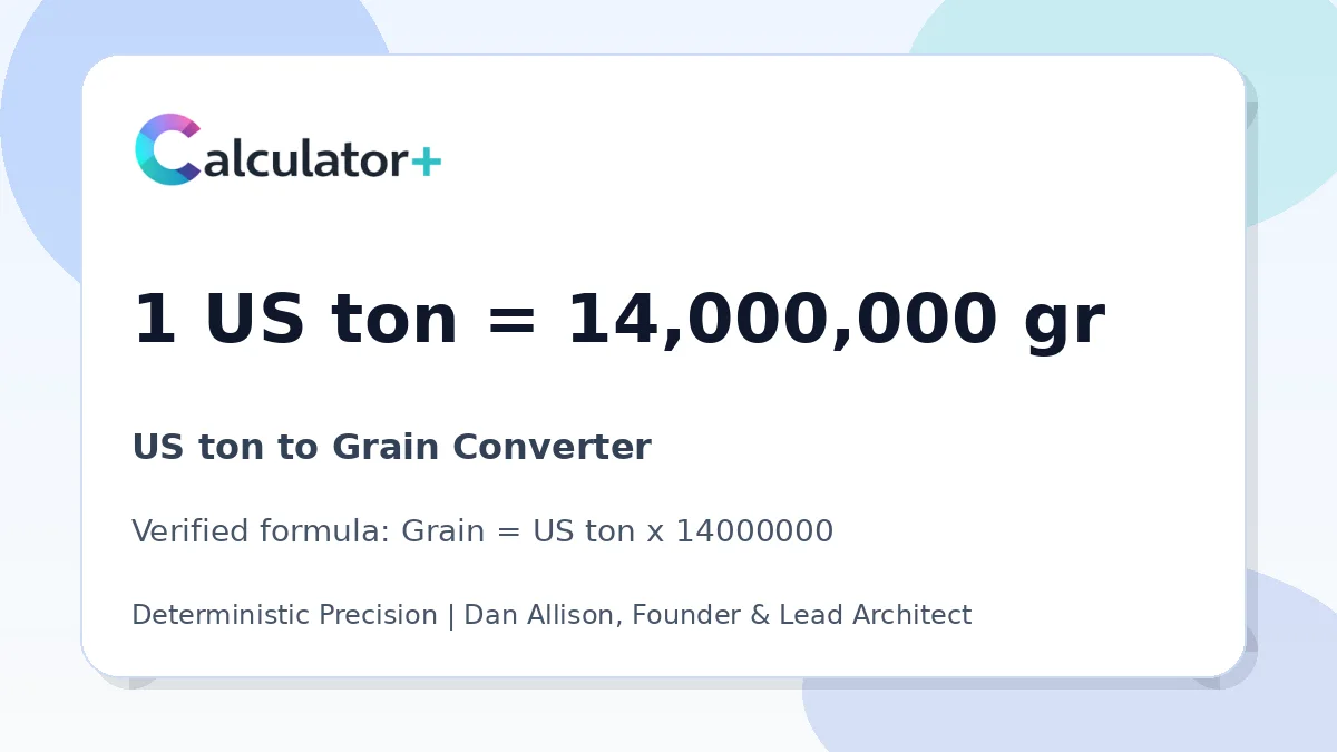 US ton to Grain conversion result card showing 1 US ton equals 14,000,000 gr, verified by Calculator+.