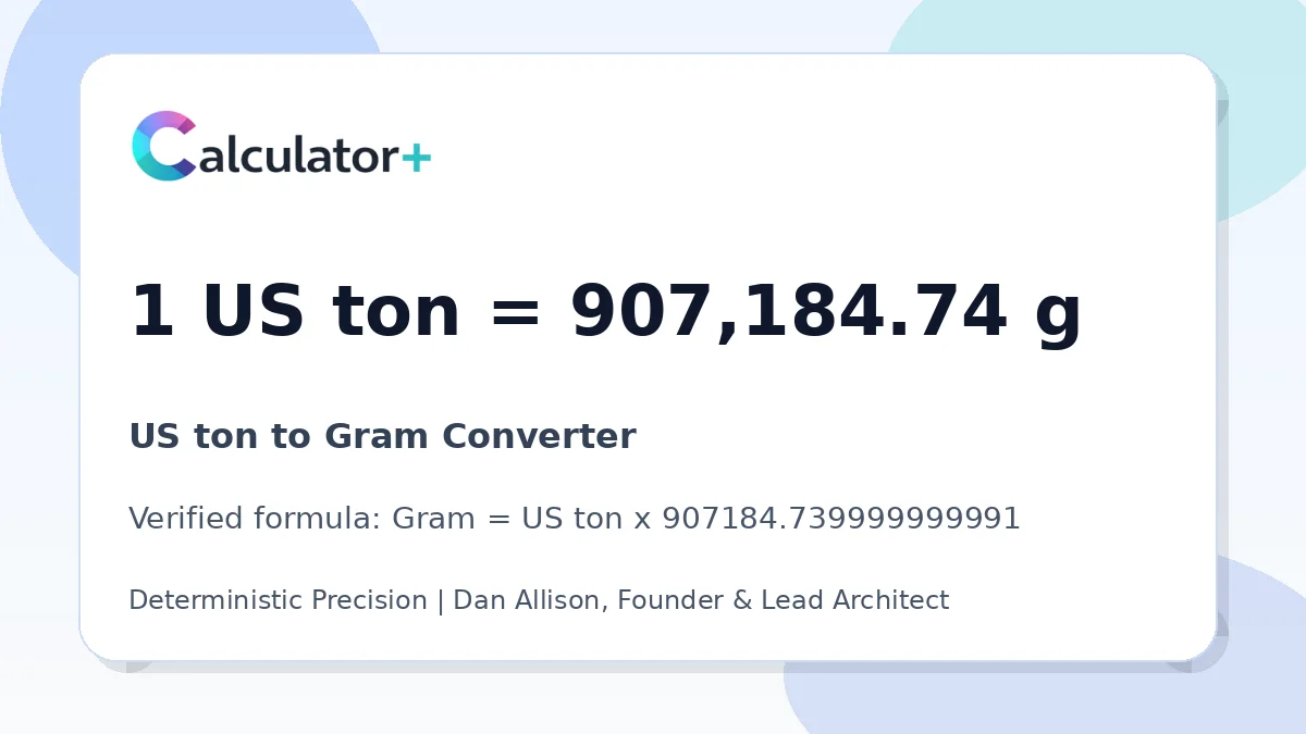 US ton to Gram conversion result card showing 1 US ton equals 907,184.74 g, verified by Calculator+.