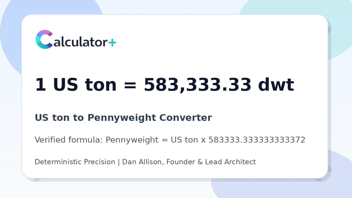 US ton to Pennyweight conversion result card showing 1 US ton equals 583,333.33 dwt, verified by Calculator+.