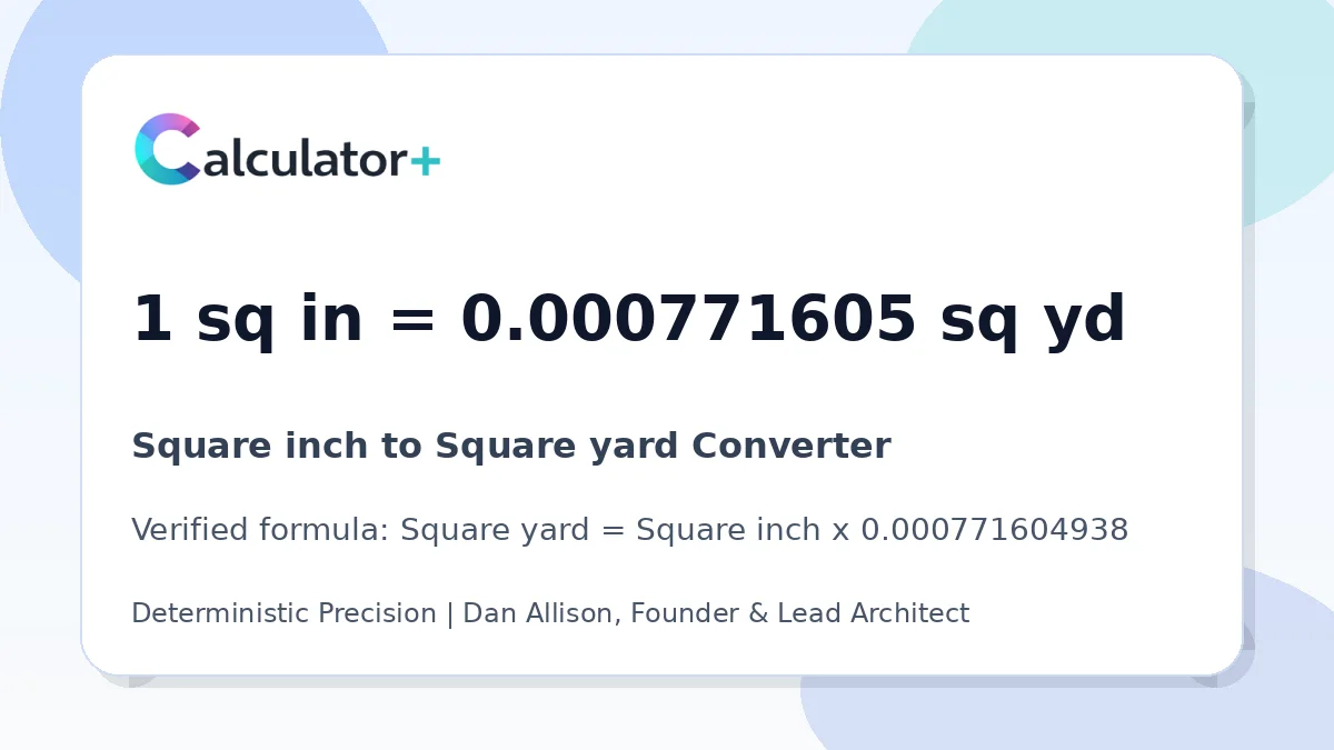 Square inch to Square yard conversion result card showing 1 sq in equals 0.000771605 sq yd, verified by Calculator+.