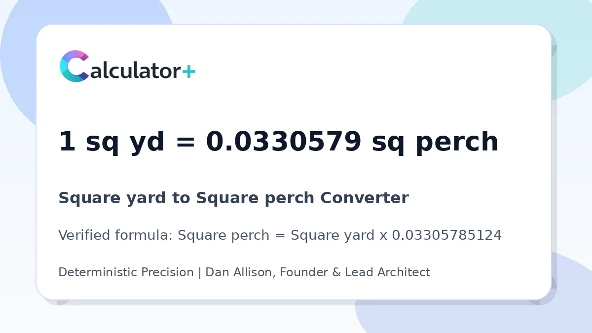 Square yard to Square perch conversion result card showing 1 sq yd equals 0.0330579 sq perch, verified by Calculator+.