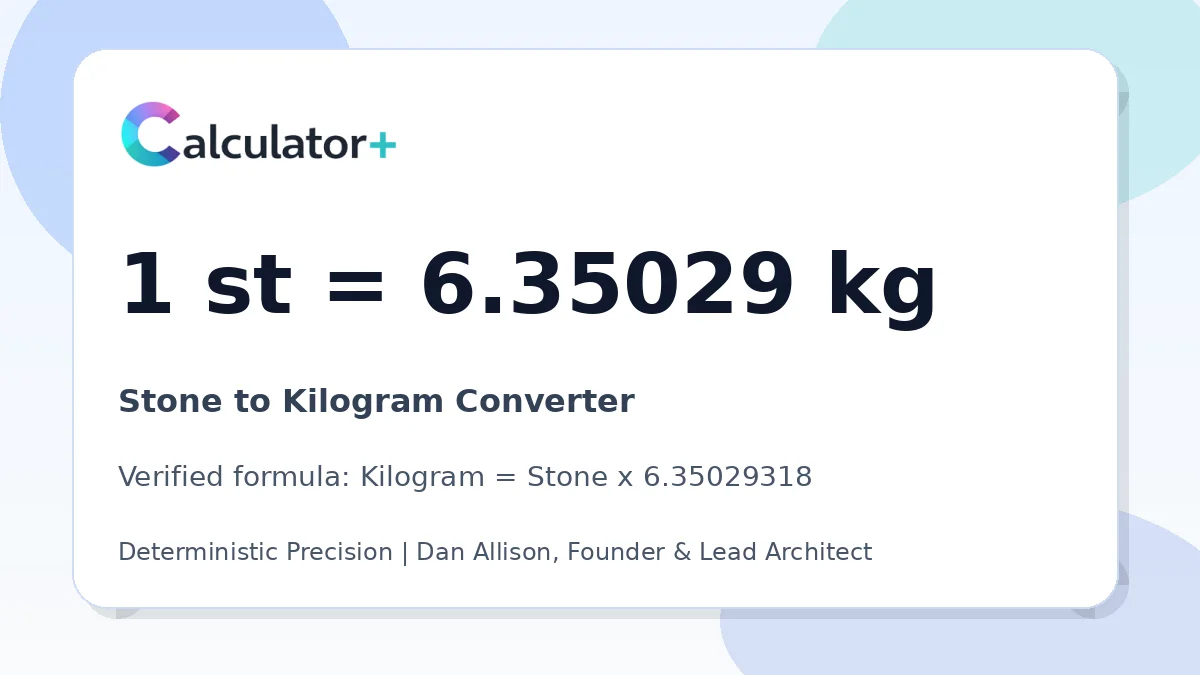 Stone to Kilogram conversion result card showing 1 st equals 6.35029 kg, verified by Calculator+.