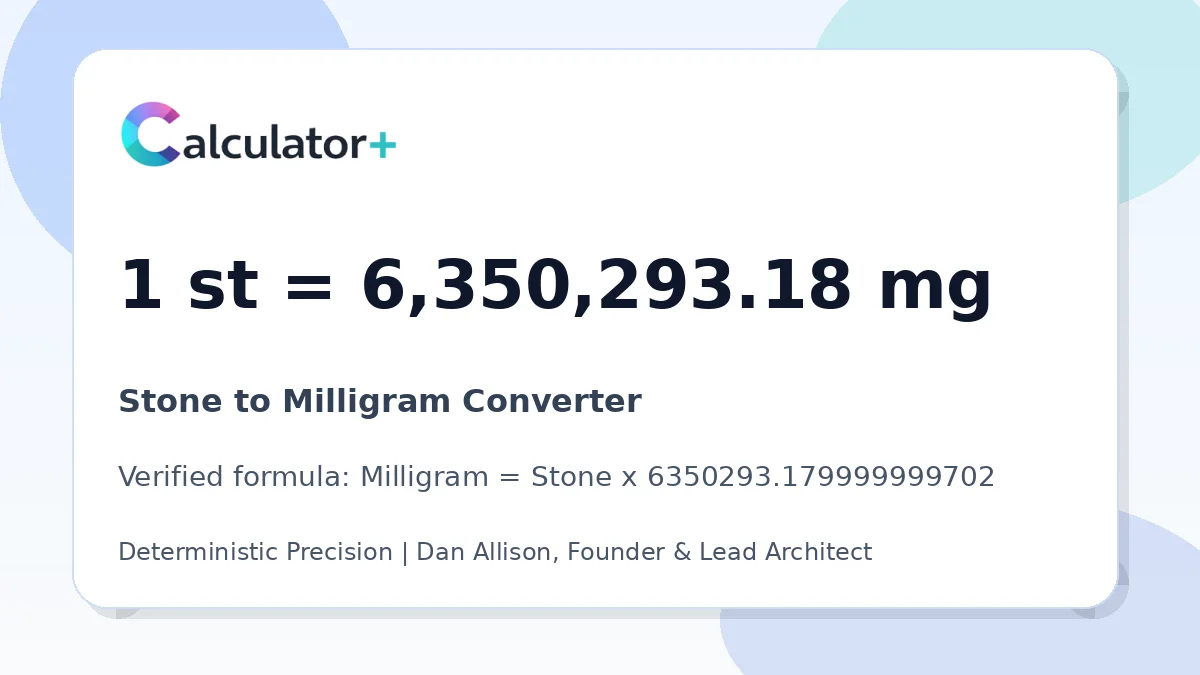 Stone to Milligram conversion result card showing 1 st equals 6,350,293.18 mg, verified by Calculator+.