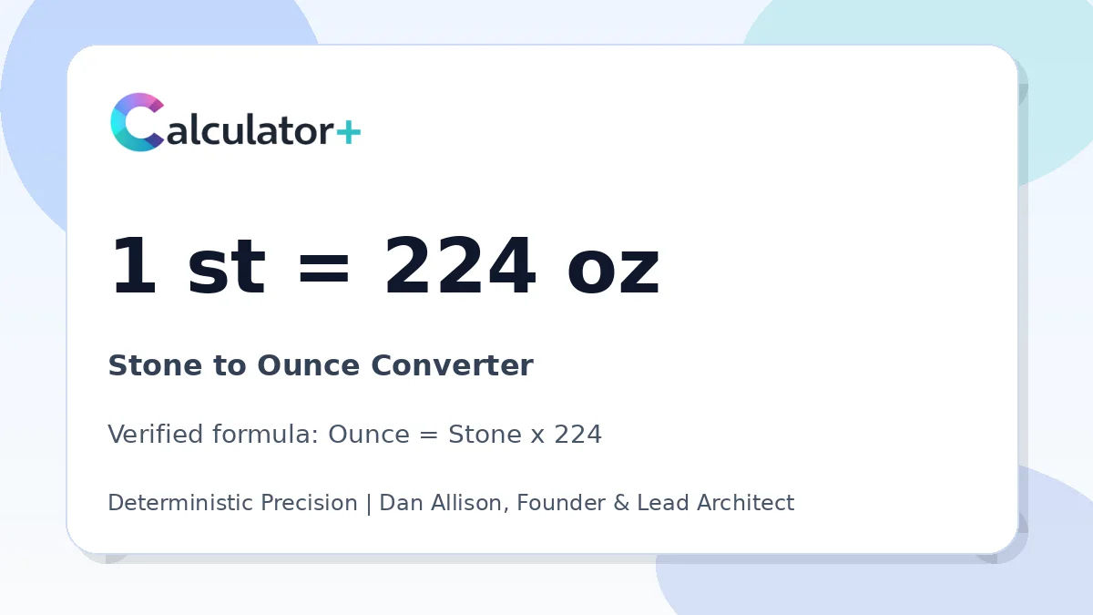 Stone to Ounce conversion result card showing 1 st equals 224 oz, verified by Calculator+.