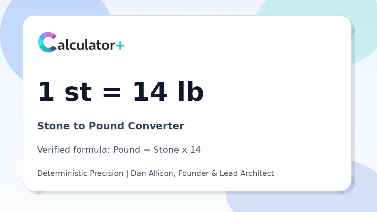 Stone to Pound conversion result card showing 1 st equals 14 lb, verified by Calculator+.