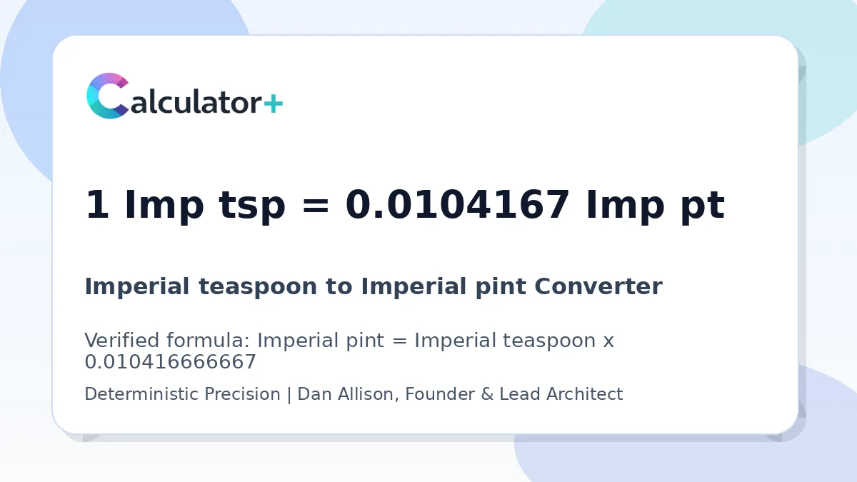 Imperial teaspoon to Imperial pint conversion result card showing 1 Imp tsp equals 0.0104167 Imp pt, verified by Calculator+.
