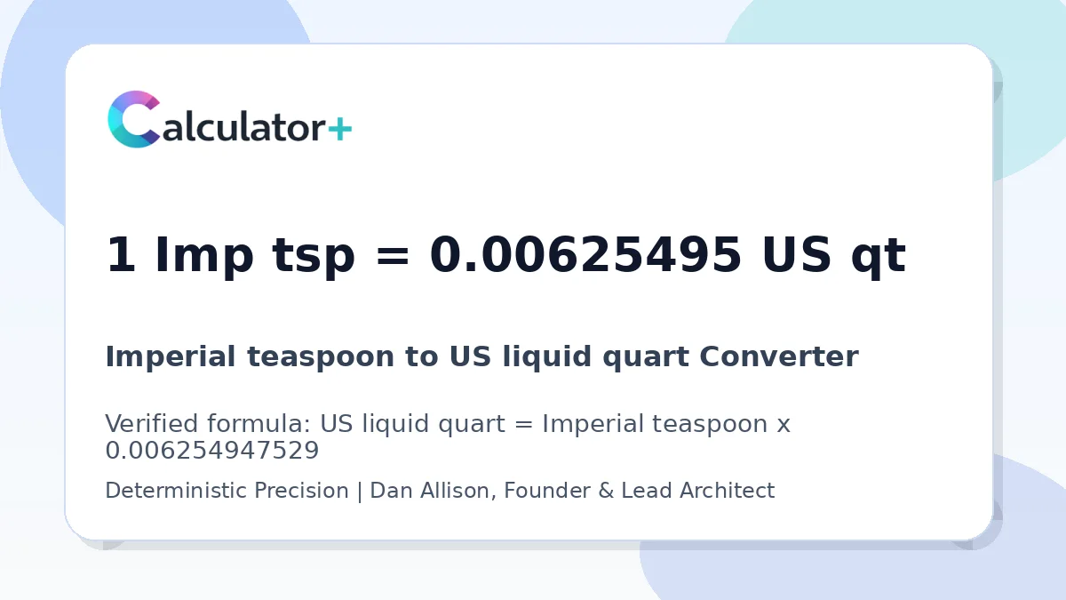 Imperial teaspoon to US liquid quart conversion result card showing 1 Imp tsp equals 0.00625495 US qt, verified by Calculator+.