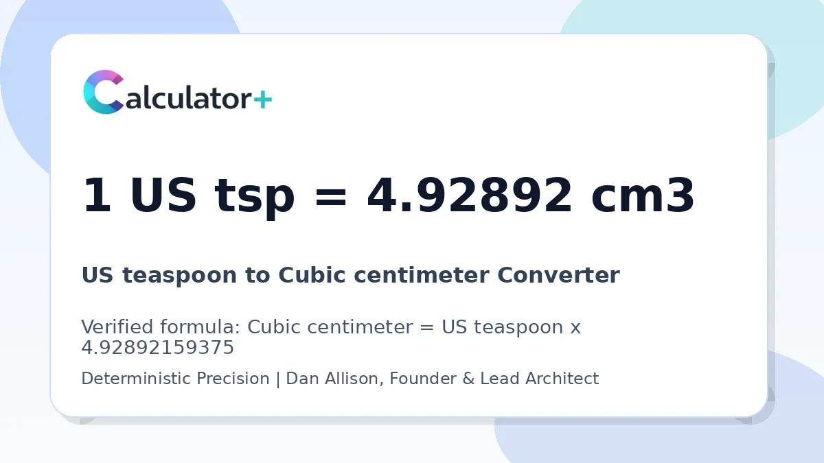 US teaspoon to Cubic centimeter conversion result card showing 1 US tsp equals 4.92892 cm3, verified by Calculator+.