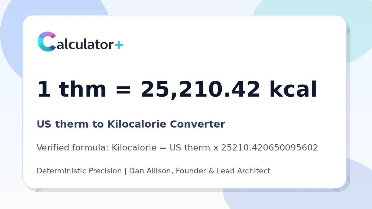 US therm to Kilocalorie conversion result card showing 1 thm equals 25,210.42 kcal, verified by Calculator+.