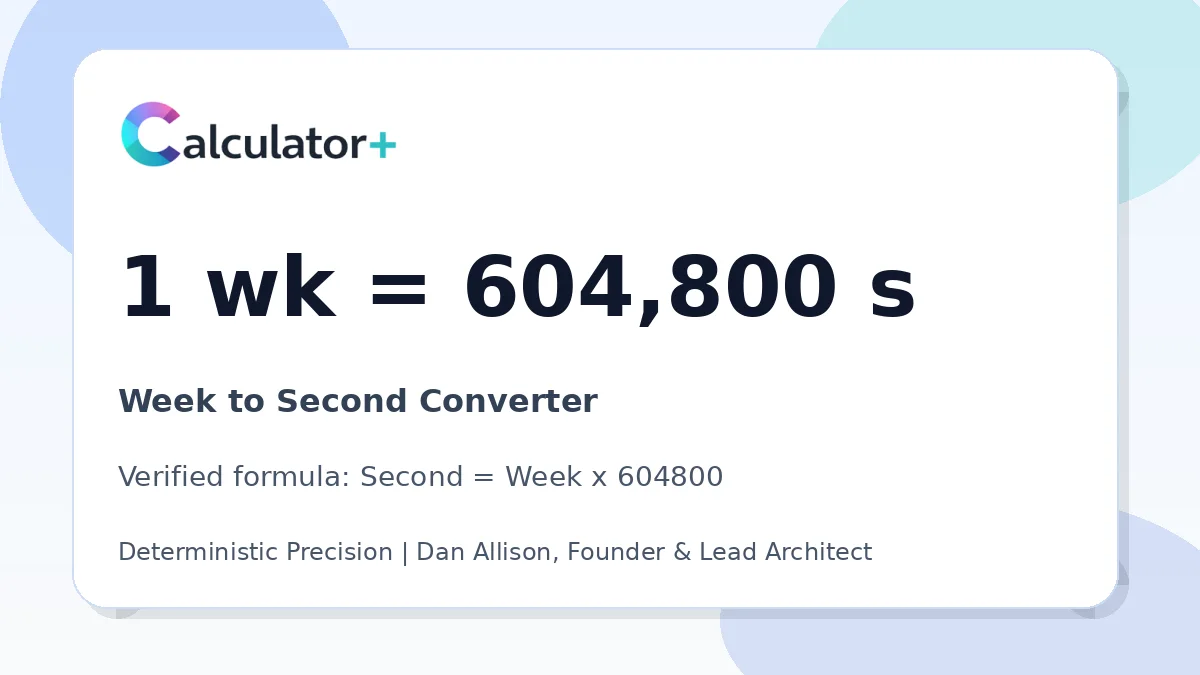 Week to Second conversion result card showing 1 wk equals 604,800 s, verified by Calculator+.