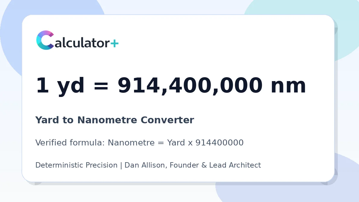 Yard to Nanometre conversion result card showing 1 yd equals 914,400,000 nm, verified by Calculator+.